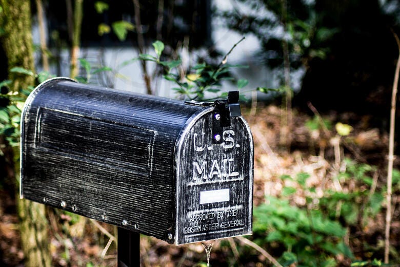 a black mailbox in the woods